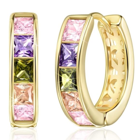 14K Yellow Gold with Multicolored Cubic Zirconia Princess Cut Huggie Earrings - Picture 1 of 5